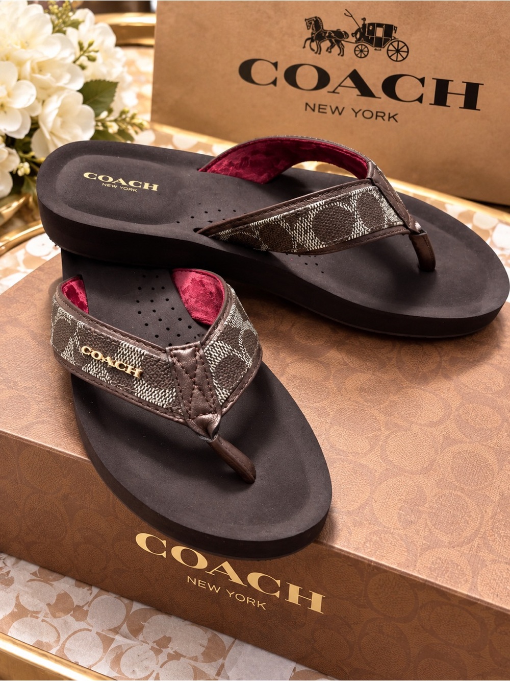 Coach Brown Signature Canvas and Burgundy-Lined Flip Flop Sandals